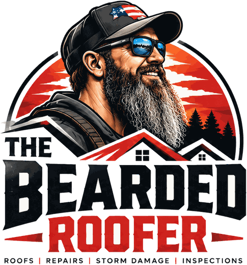 The Bearded Roofer logo: John with his beard, cap and sunglasses in front of a red sunset and rooftops